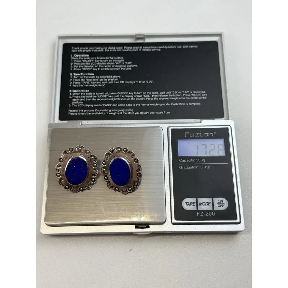 SAUL TM-142 Sterling Silver Pierced Earrings Mexico Vintage Lapis (posts not ss)